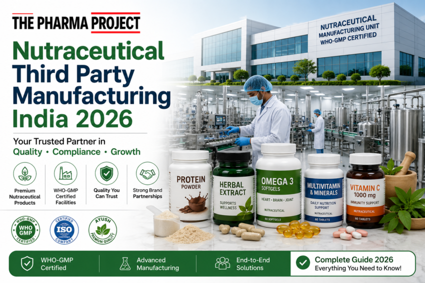 Nutraceutical third party manufacturing in India with capsules, protein powder and supplement bottles