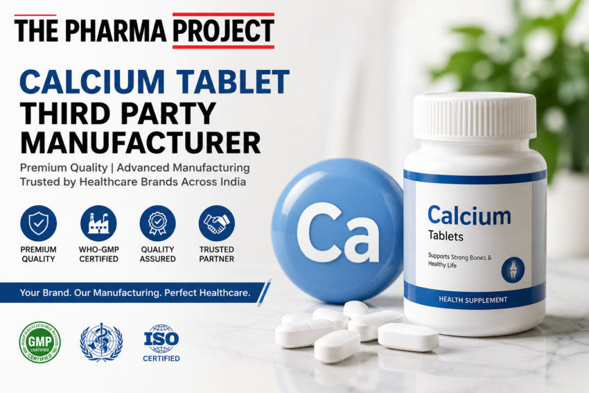 calcium tablet third party manufacturer in India with tablet bottles and pharmaceutical manufacturing line