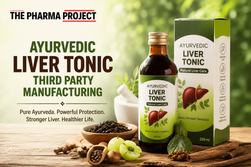 Ayurvedic liver tonic third party manufacturing in India with herbal syrup bottles and manufacturing unit